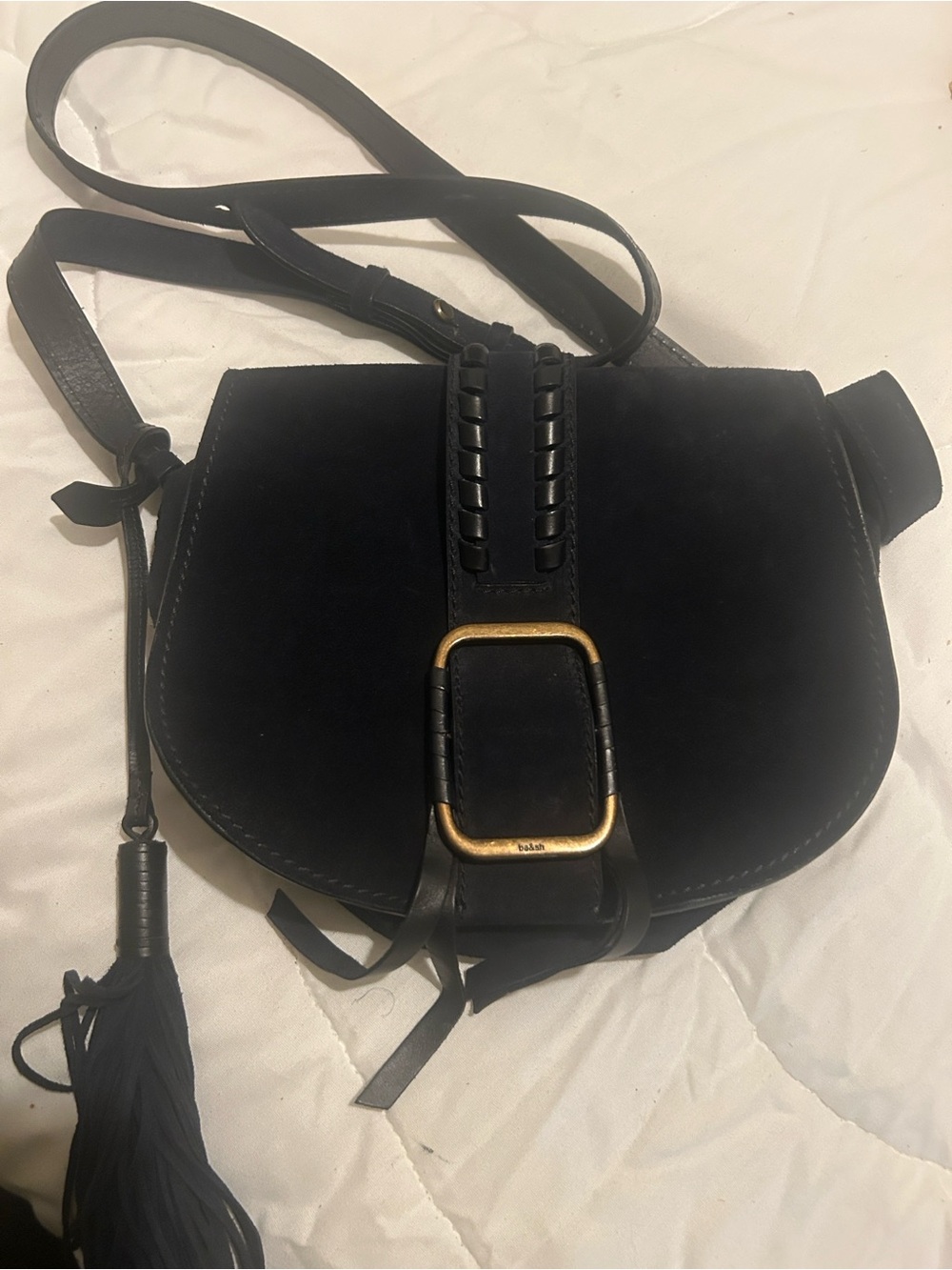ba&sh Black Suede Saddle Crossbody with Gold Buckle